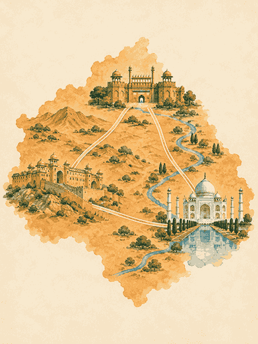 Illustrated map of Delhi, Agra & Jaipur, India
